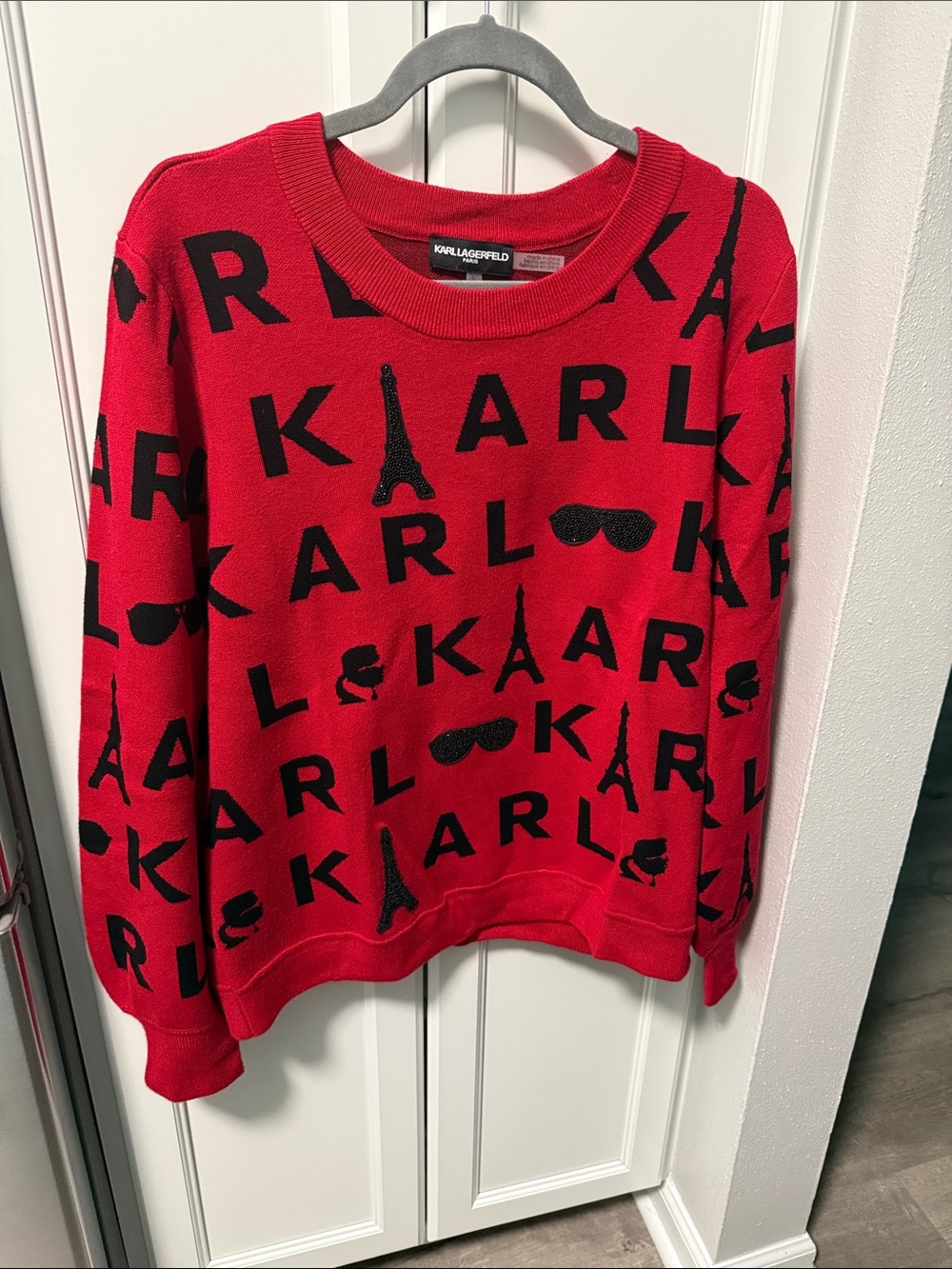 Karl Lagerfeld Red Crewneck w/ Black Icon Motif- size L- sparkle detail on front